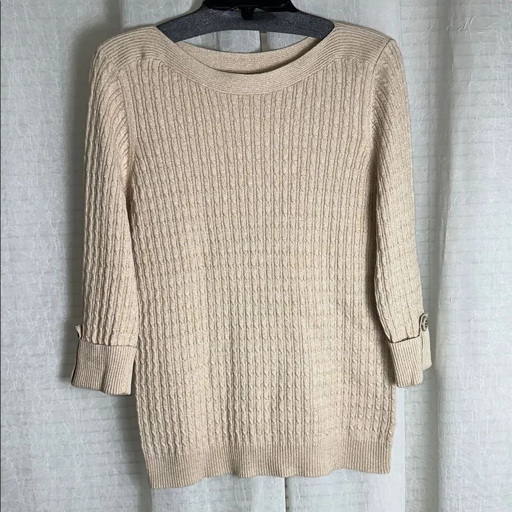 Rebecca Malone M Boatneck Quarter Tab Sleeve Heather Cable Knit Tan Sweater
